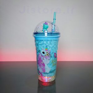 لیوان اسموتی چراغدار طرح یونیکورن آبی